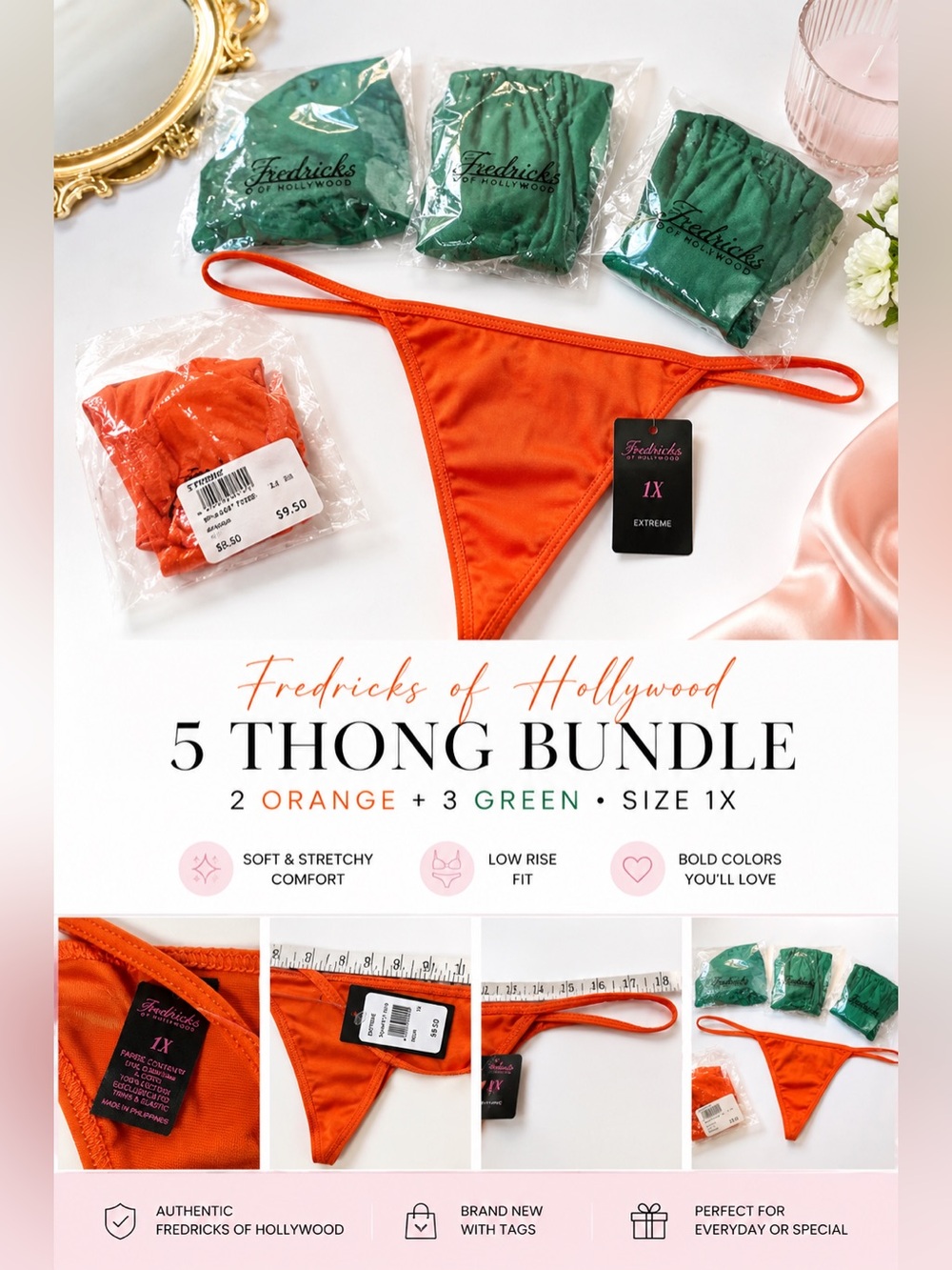 5 NWT Fredericks of Hollywood Thong Bundle 1X Orange Green Y2K Lingerie